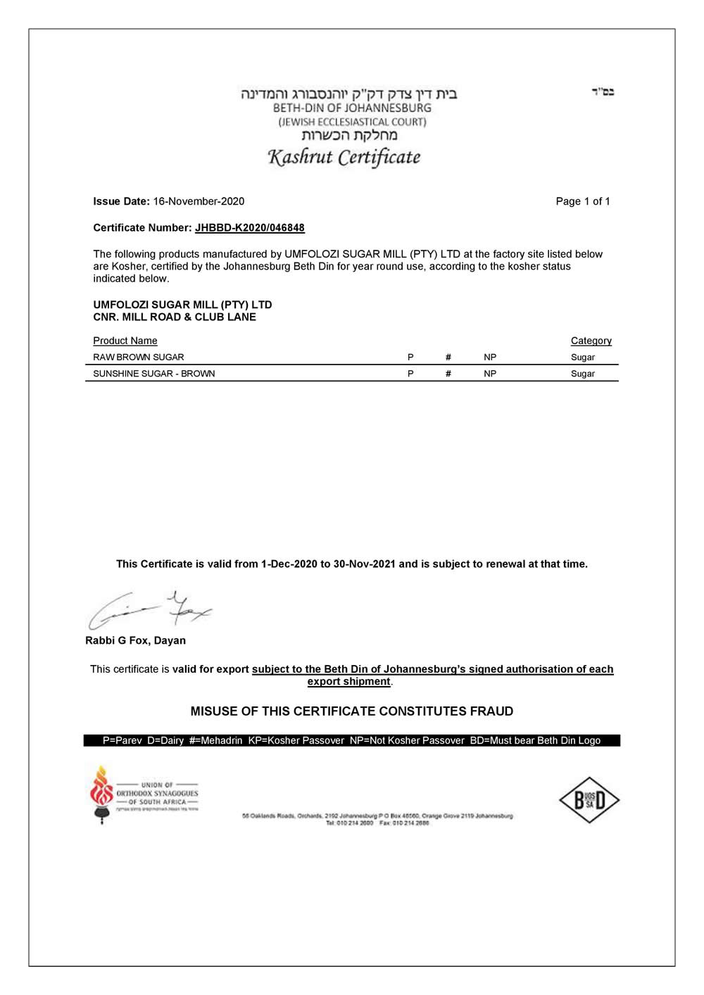 umfolozi sugar mill kosher certificate