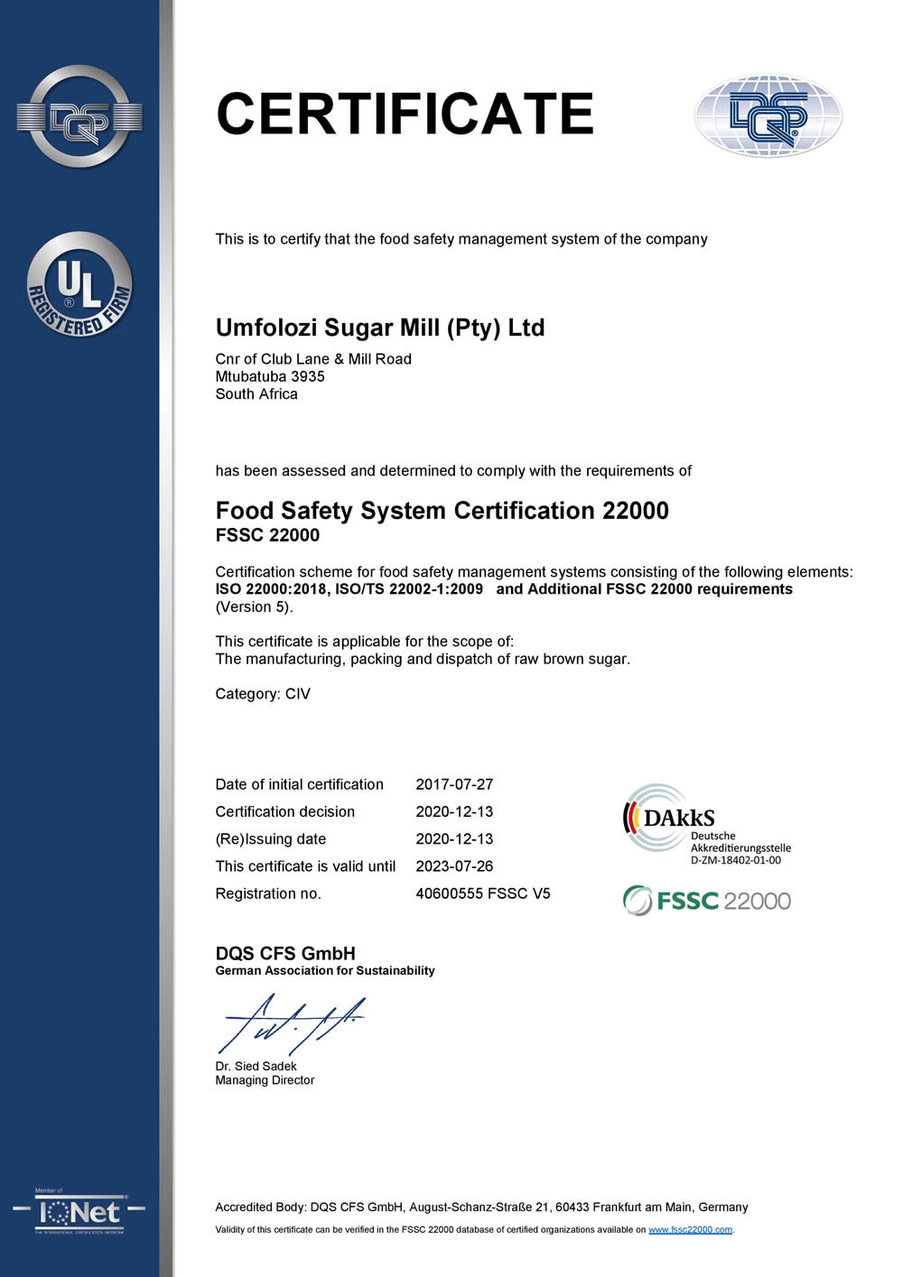 umfolozi sugar mill usm fssc 22000 certificate